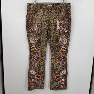 Home Folk Plus Leopard Print Embroidered Jeans Floral Detail Size 22 NWT